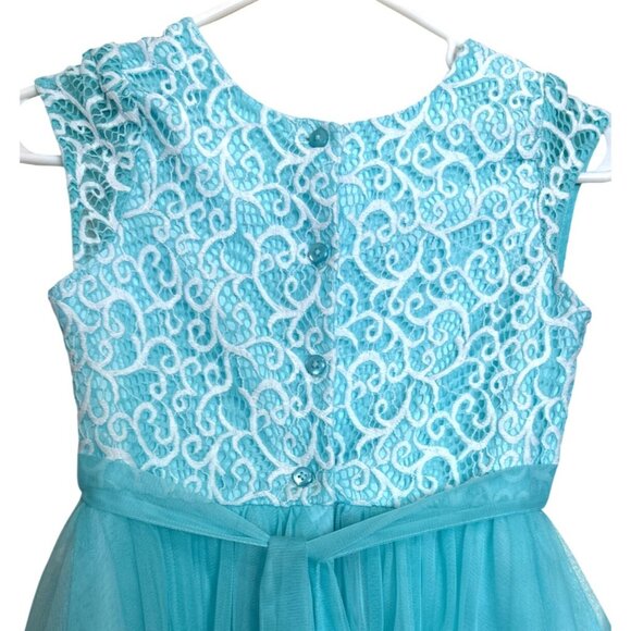 Jona Michelle Girls Sleeveless Lace & Tulle Dress With Bow Detail Size 10 Aqua B - Picture 4 of 5